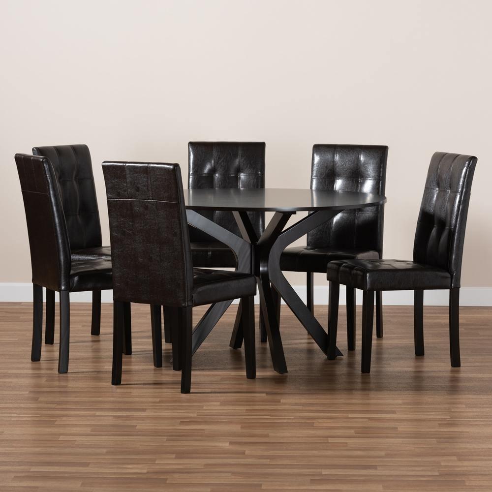 Marie Modern and Contemporary Dark Brown Faux Leather Upholstered and Dark brown Finished Wood 7-Piece Dining Set FredCo