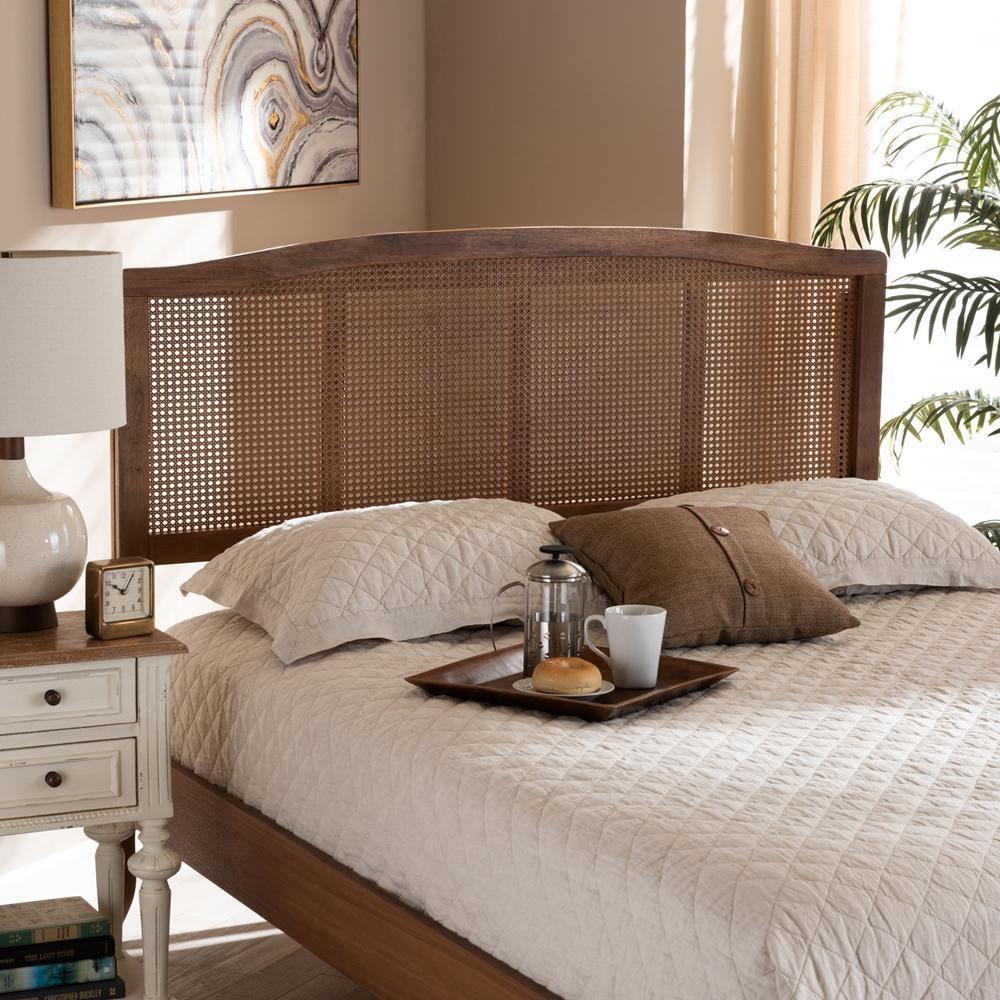 Marieke Mid-Century Modern Ash Wanut Finished Wood and Synthetic Rattan King Size Headboard FredCo