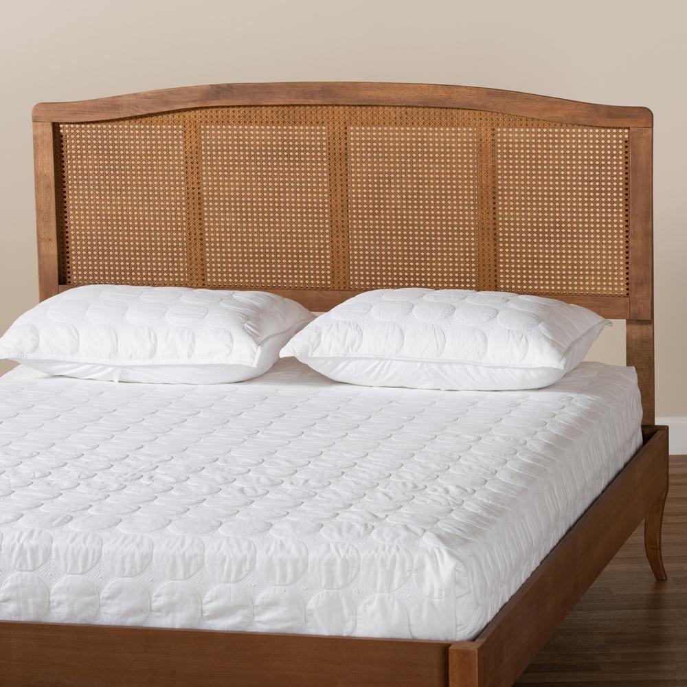 Marieke Mid-Century Modern Ash Wanut Finished Wood and Synthetic Rattan King Size Headboard FredCo