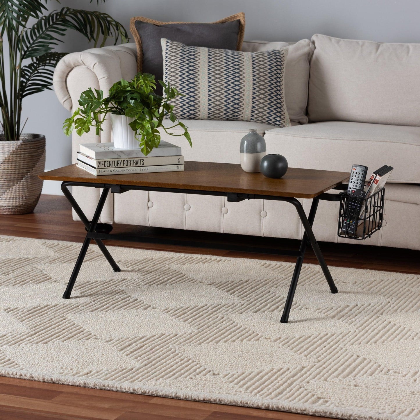 Mariela Natural Brown and Black Low Profile Coffee Table with Basket FredCo