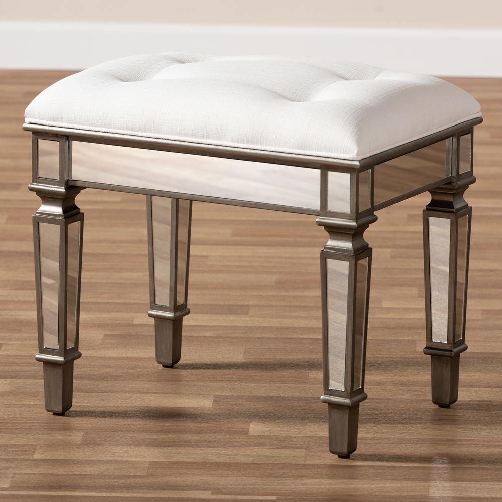 Marielle Hollywood Regency Glamour Style Off White Fabric Upholstered Mirrored Ottoman Vanity Bench FredCo