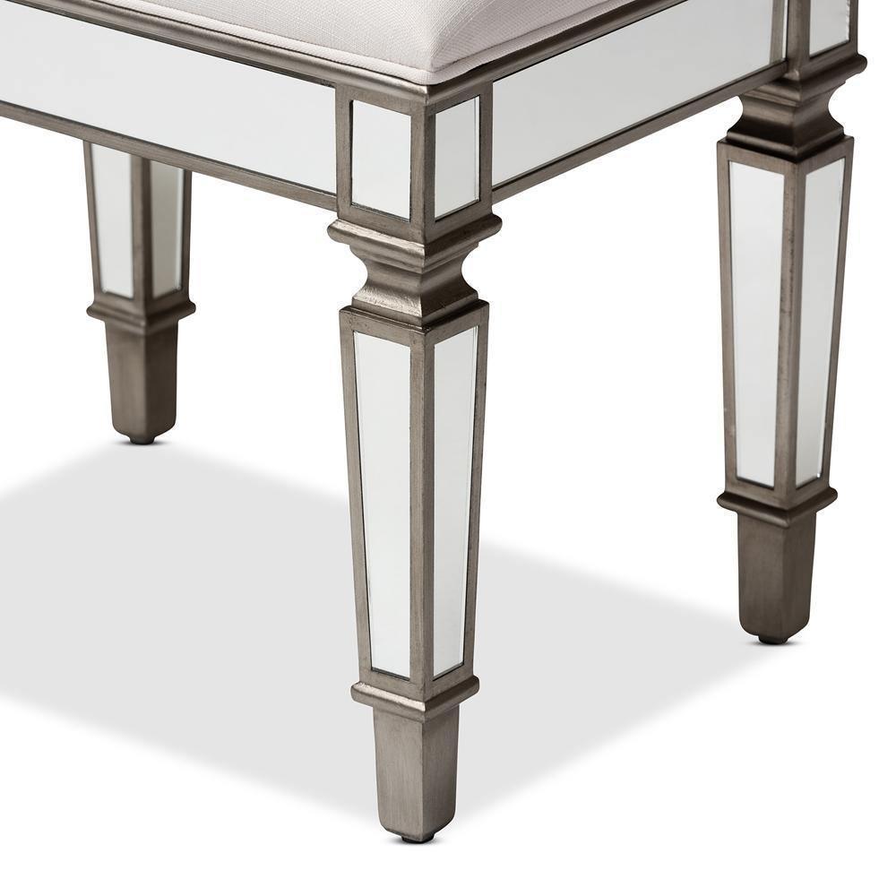 Marielle Hollywood Regency Glamour Style Off White Fabric Upholstered Mirrored Ottoman Vanity Bench FredCo