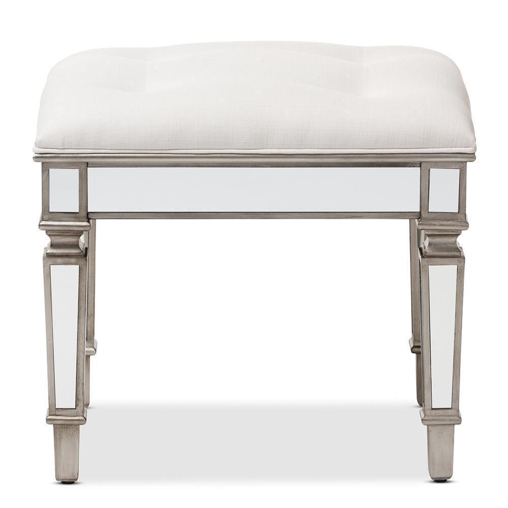 Marielle Hollywood Regency Glamour Style Off White Fabric Upholstered Mirrored Ottoman Vanity Bench FredCo