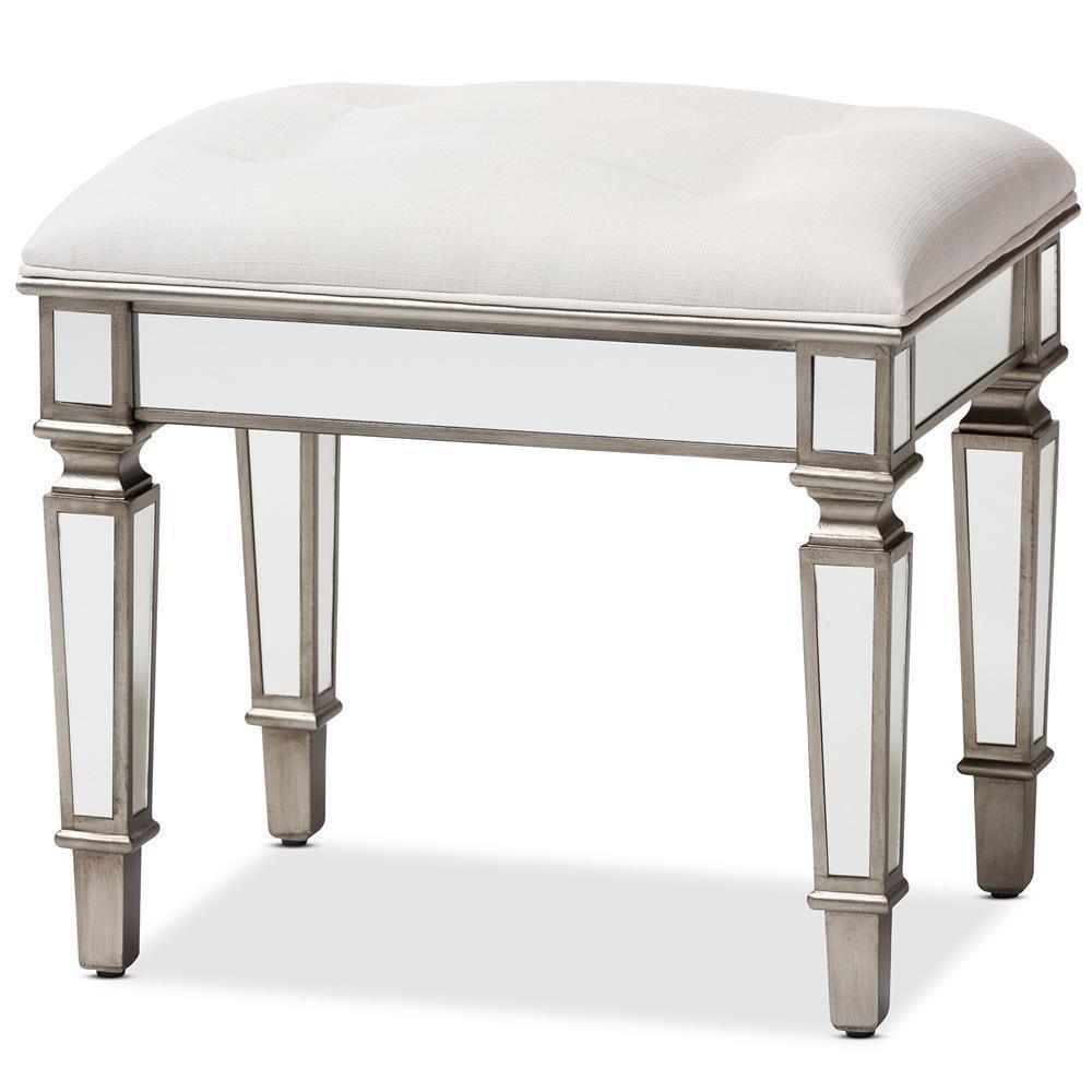 Marielle Hollywood Regency Glamour Style Off White Fabric Upholstered Mirrored Ottoman Vanity Bench FredCo