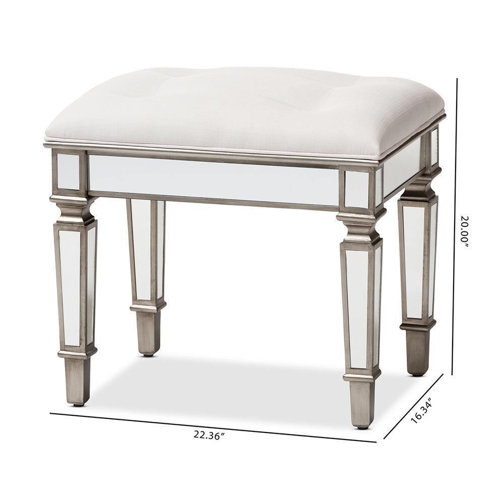 Marielle Hollywood Regency Glamour Style Off White Fabric Upholstered Mirrored Ottoman Vanity Bench FredCo