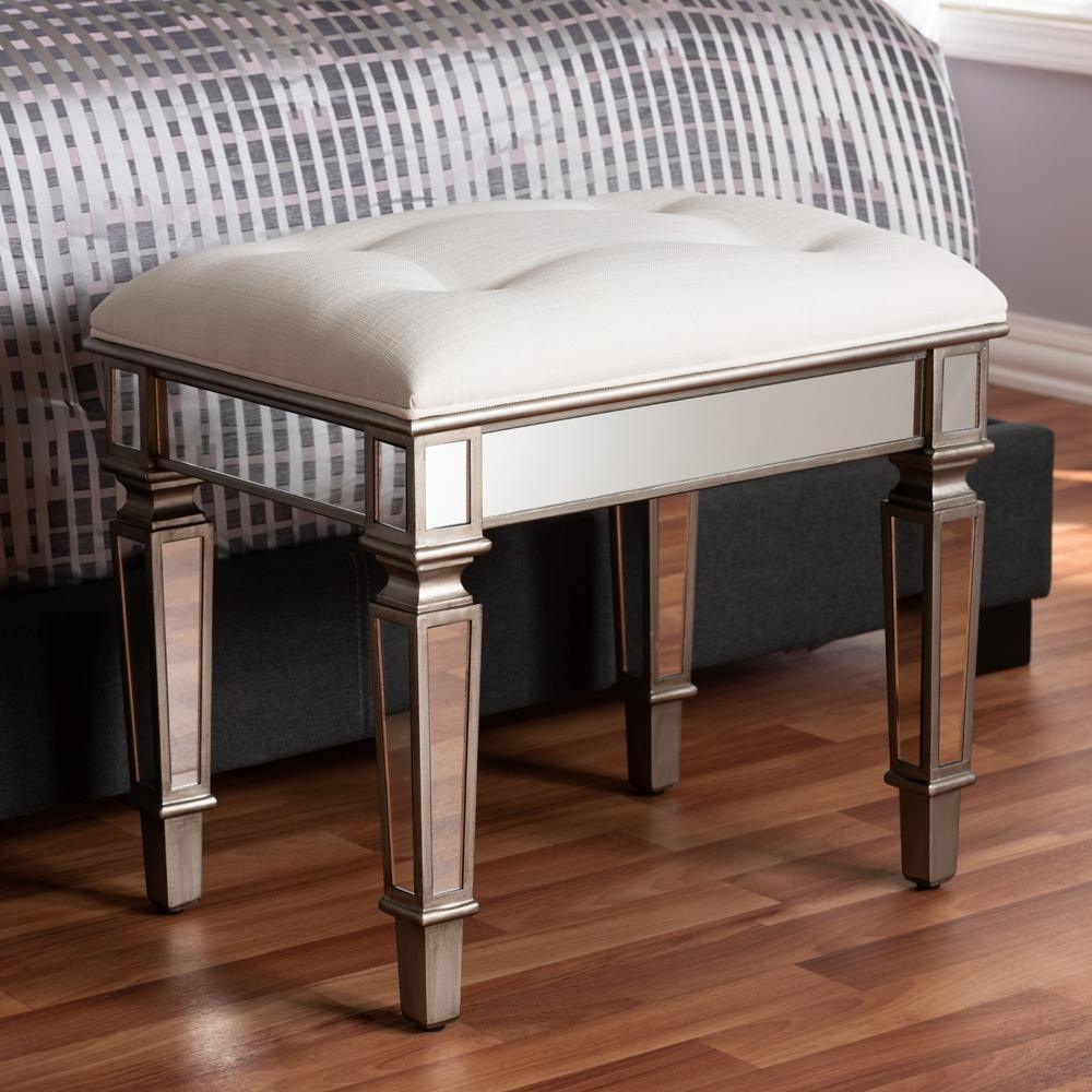 Marielle Hollywood Regency Glamour Style Off White Fabric Upholstered Mirrored Ottoman Vanity Bench FredCo