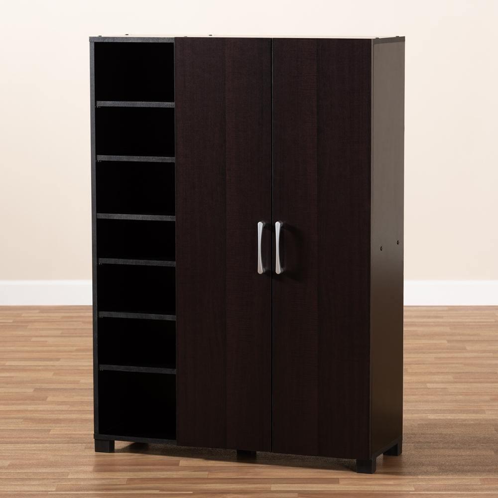 Marine Modern and Contemporary Wenge Dark Brown Finished 2-Door Wood Entryway Shoe Storage Cabinet with Open Shelves FredCo