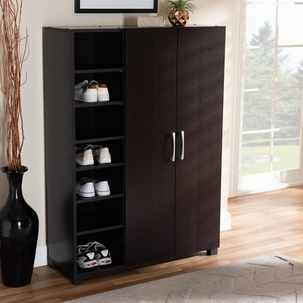 Marine Modern and Contemporary Wenge Dark Brown Finished 2-Door Wood Entryway Shoe Storage Cabinet with Open Shelves FredCo