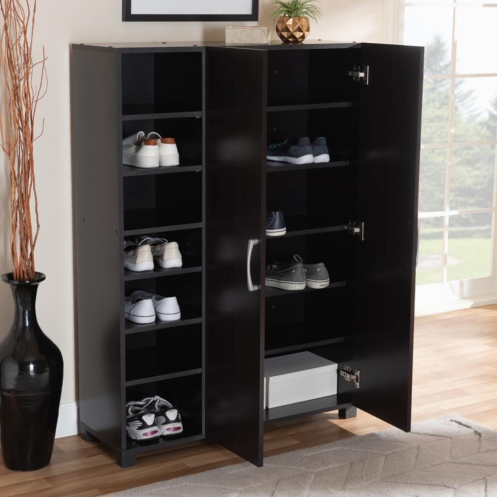 Marine Modern and Contemporary Wenge Dark Brown Finished 2-Door Wood Entryway Shoe Storage Cabinet with Open Shelves FredCo