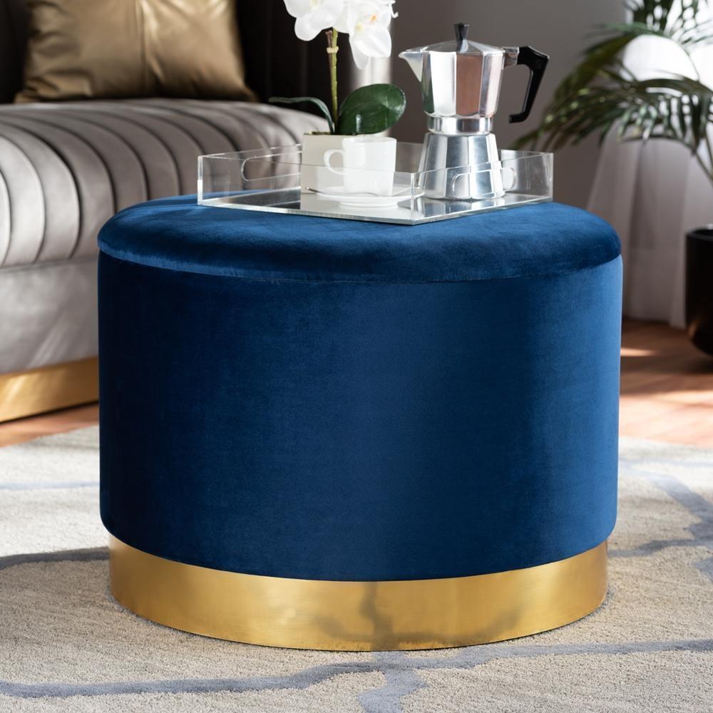 Marisa Glam and Luxe Navy Blue Velvet Fabric Upholstered Gold Finished Storage Ottoman FredCo