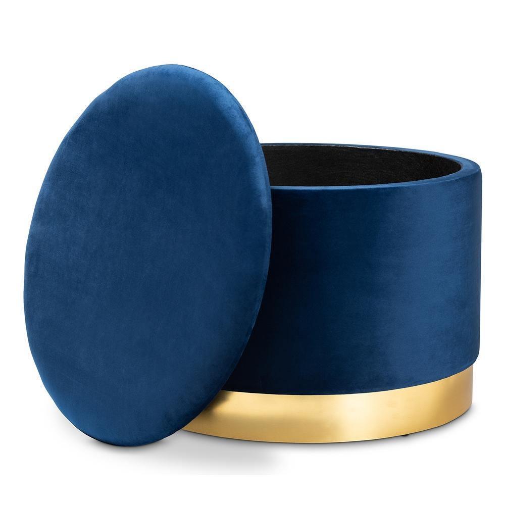 Marisa Glam and Luxe Navy Blue Velvet Fabric Upholstered Gold Finished Storage Ottoman FredCo
