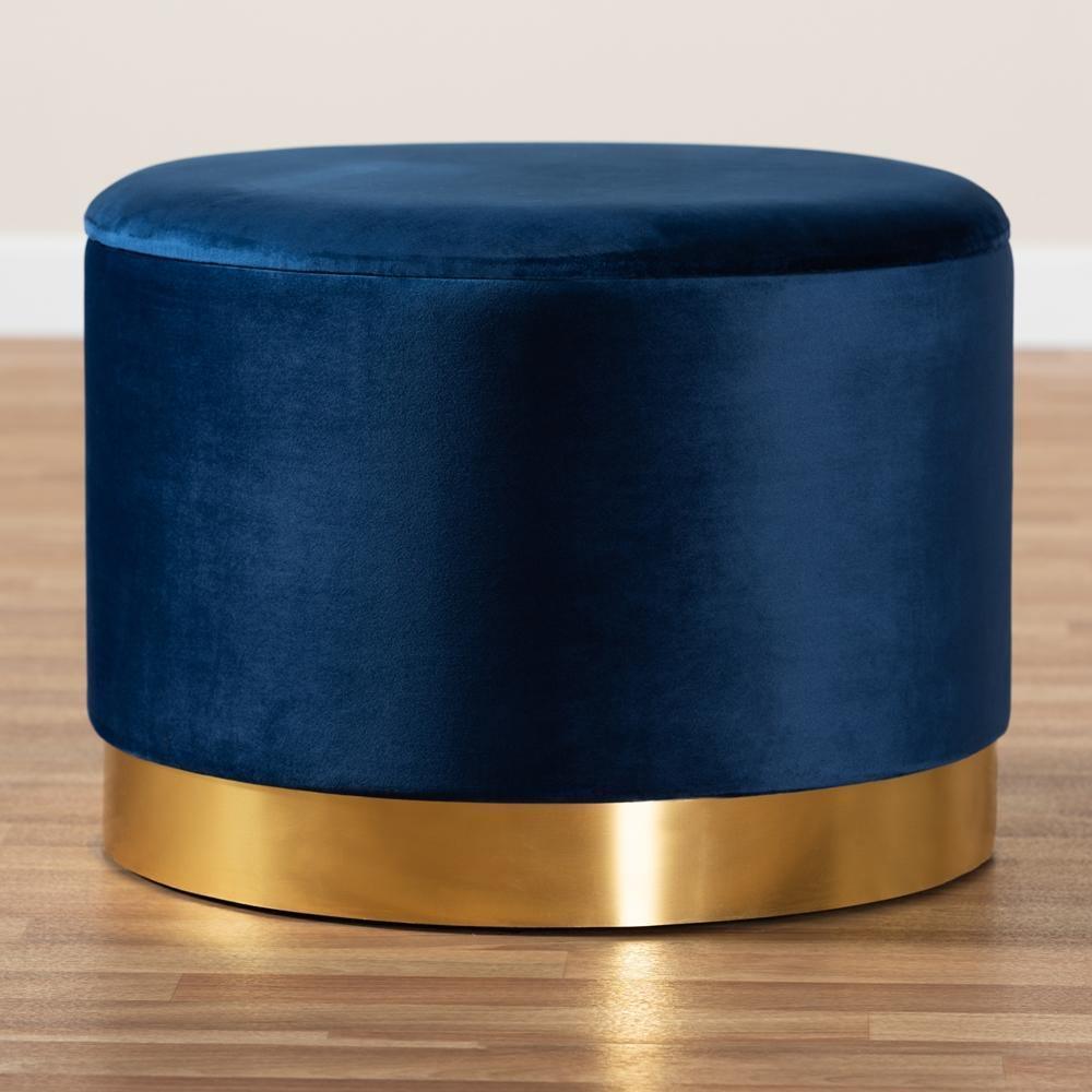 Marisa Glam and Luxe Navy Blue Velvet Fabric Upholstered Gold Finished Storage Ottoman FredCo