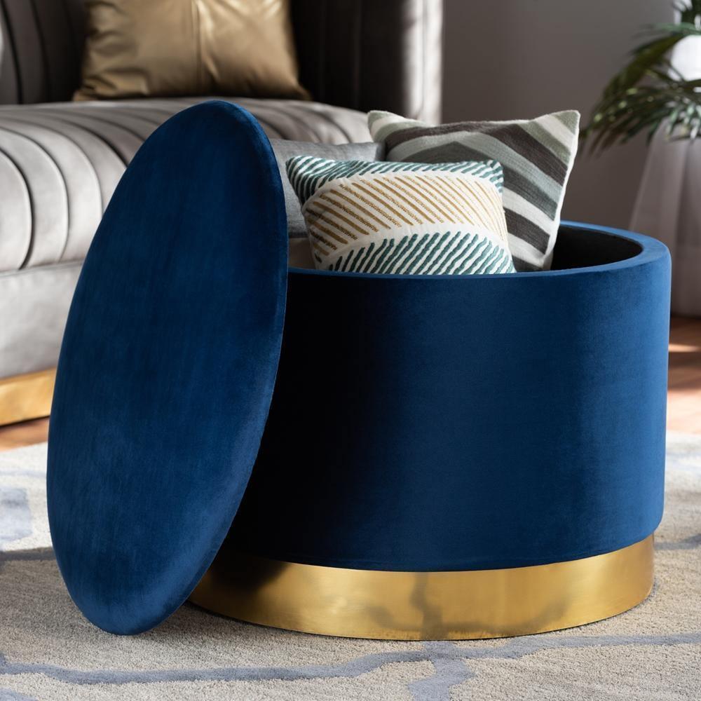 Marisa Glam and Luxe Navy Blue Velvet Fabric Upholstered Gold Finished Storage Ottoman FredCo