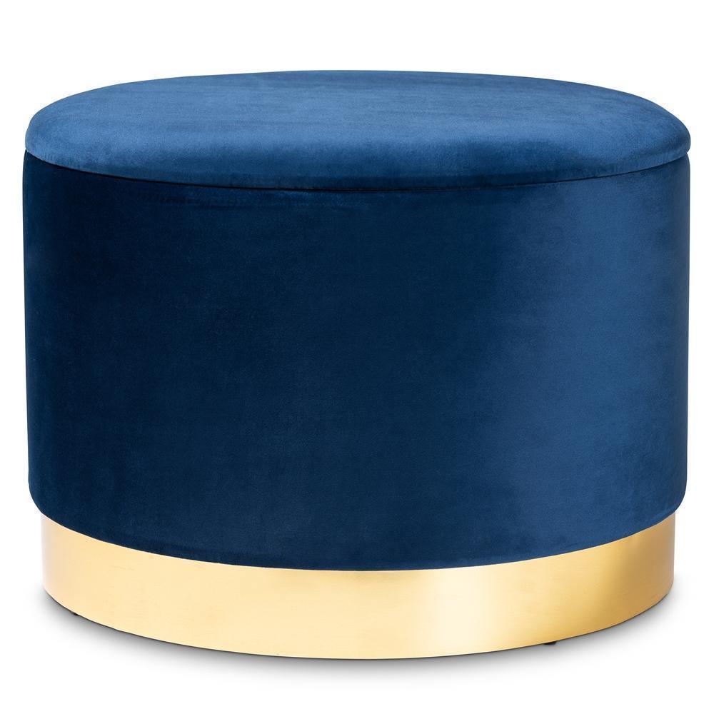 Marisa Glam and Luxe Navy Blue Velvet Fabric Upholstered Gold Finished Storage Ottoman FredCo