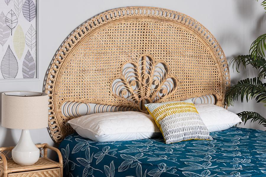 Marlette Modern Bohemian Natural Brown Rattan Queen Size Standalone Headboard FredCo