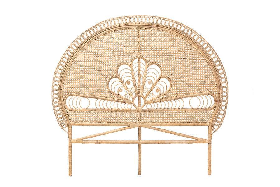 Marlette Modern Bohemian Natural Brown Rattan Queen Size Standalone Headboard FredCo