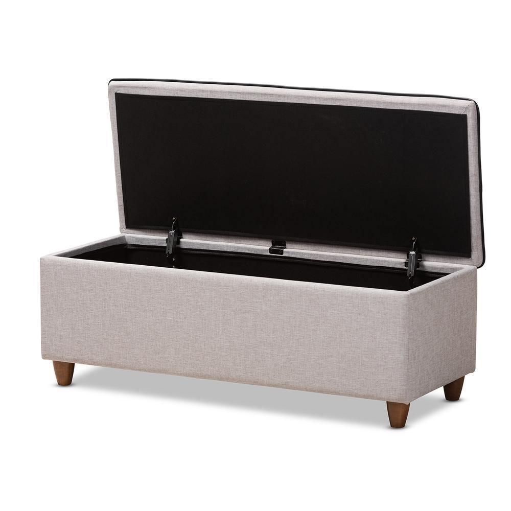 Marlisa Mid-Century Modern Walnut Finished Wood and Greyish Beige Fabric Upholstered Button Tufted Storage Ottoman Bench FredCo