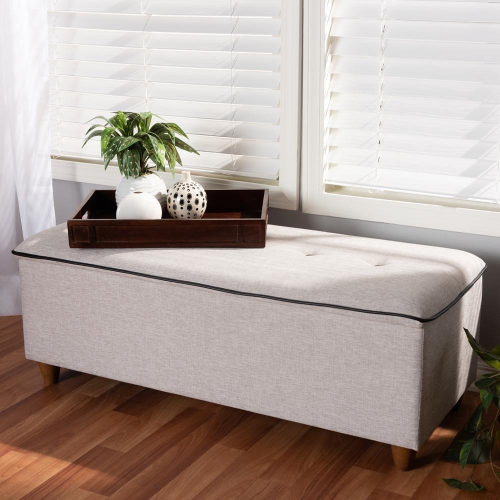 Marlisa Mid-Century Modern Walnut Finished Wood and Greyish Beige Fabric Upholstered Button Tufted Storage Ottoman Bench FredCo