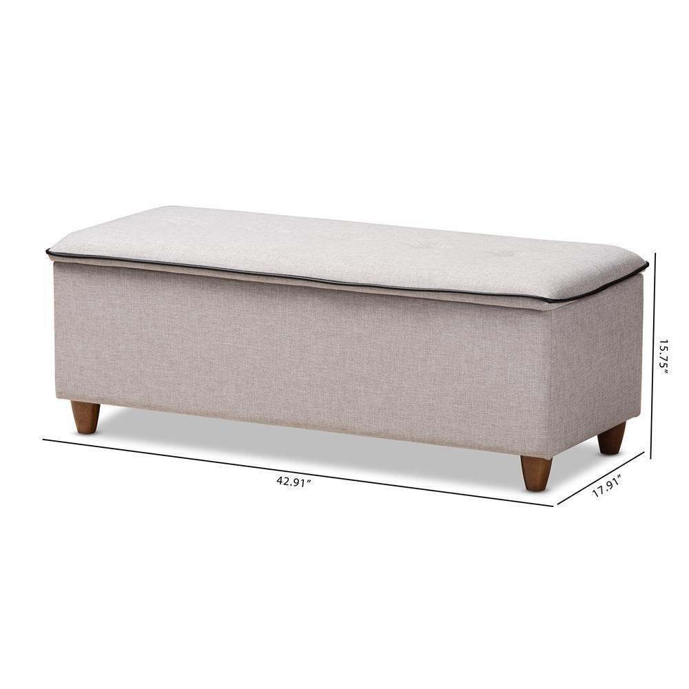 Marlisa Mid-Century Modern Walnut Finished Wood and Greyish Beige Fabric Upholstered Button Tufted Storage Ottoman Bench FredCo