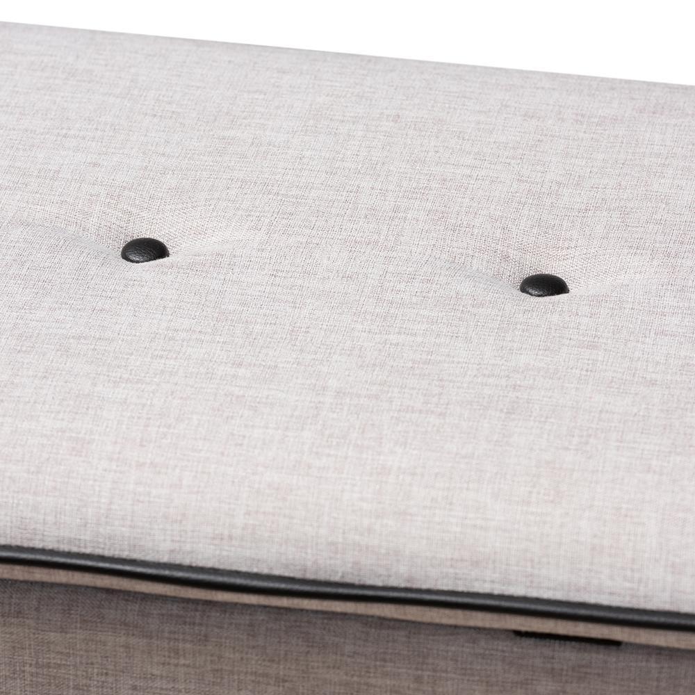 Marlisa Mid-Century Modern Walnut Finished Wood and Greyish Beige Fabric Upholstered Button Tufted Storage Ottoman Bench FredCo