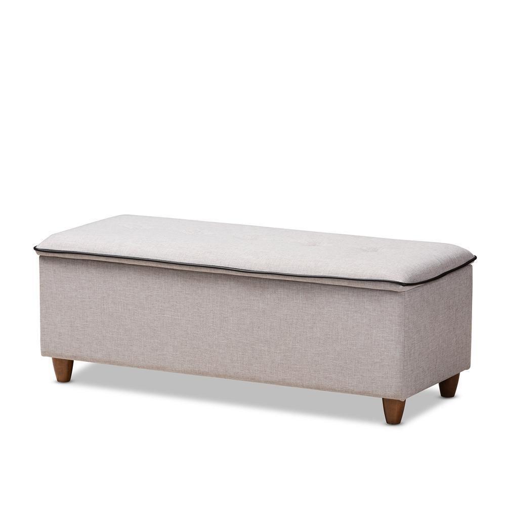 Marlisa Mid-Century Modern Walnut Finished Wood and Greyish Beige Fabric Upholstered Button Tufted Storage Ottoman Bench FredCo