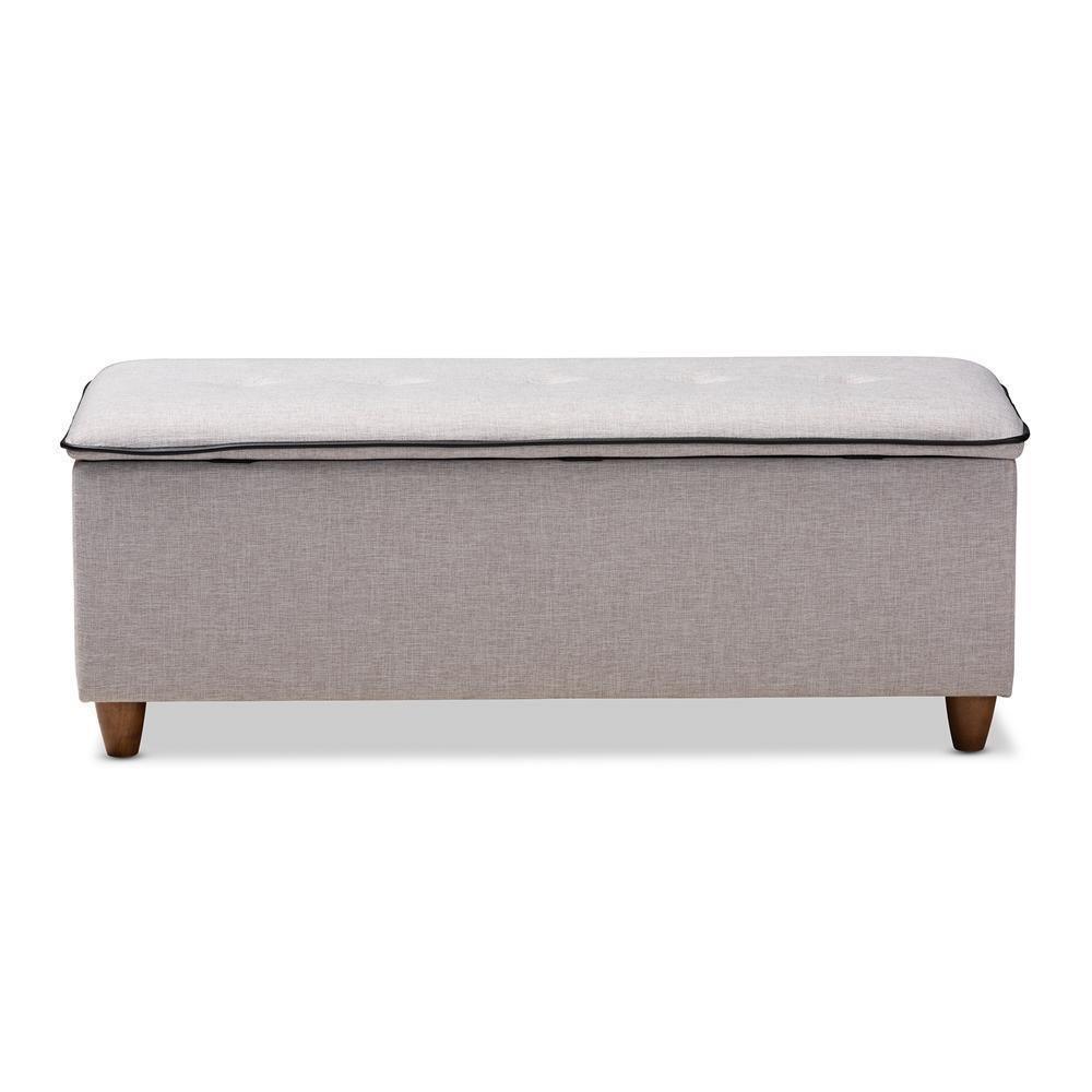 Marlisa Mid-Century Modern Walnut Finished Wood and Greyish Beige Fabric Upholstered Button Tufted Storage Ottoman Bench FredCo