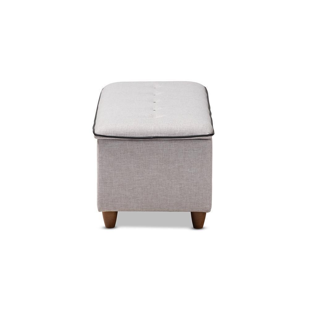 Marlisa Mid-Century Modern Walnut Finished Wood and Greyish Beige Fabric Upholstered Button Tufted Storage Ottoman Bench FredCo
