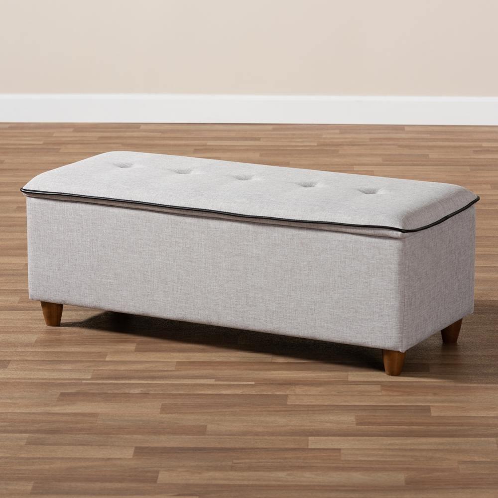 Marlisa Mid-Century Modern Walnut Finished Wood and Greyish Beige Fabric Upholstered Button Tufted Storage Ottoman Bench FredCo