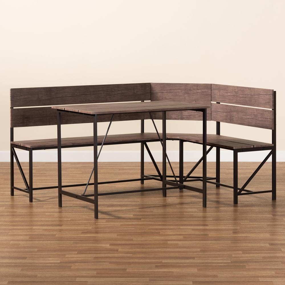 Marston Modern Industrial Brown Finished Wood and Black Finished Metal 2-Piece Dining Nook Set FredCo