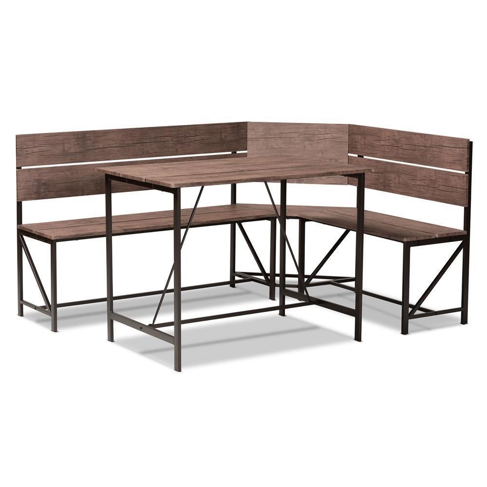 Marston Modern Industrial Brown Finished Wood and Black Finished Metal 2-Piece Dining Nook Set FredCo