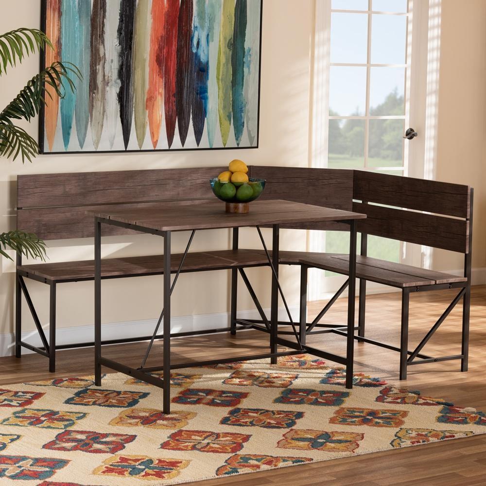 Marston Modern Industrial Brown Finished Wood and Black Finished Metal 2-Piece Dining Nook Set FredCo