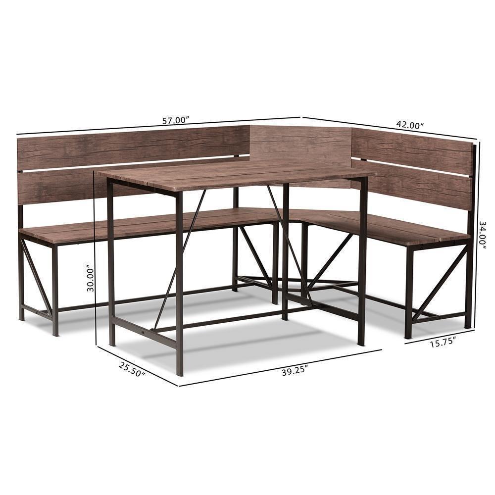Marston Modern Industrial Brown Finished Wood and Black Finished Metal 2-Piece Dining Nook Set FredCo