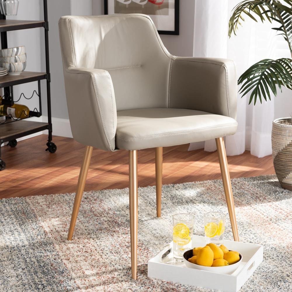 Martine Glam and Luxe Grey Faux Leather Upholstered Gold Finished Metal Dining Chair FredCo