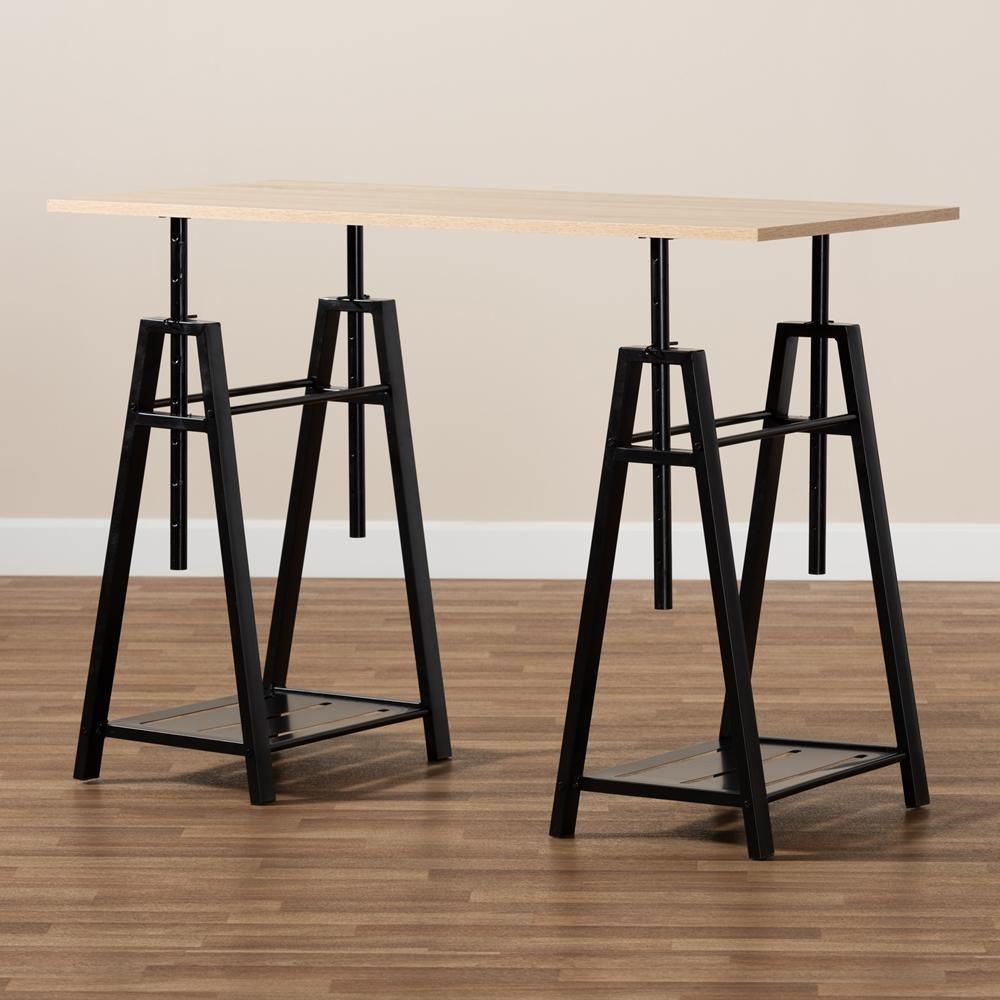 Mary Modern and Industrial Light Oak Finished Wood and Black Metal Height Adjustable Desk FredCo