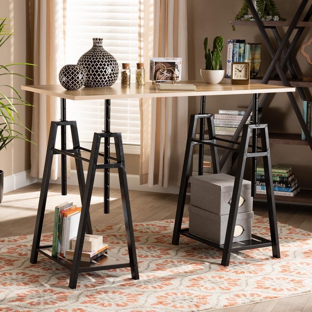 Mary Modern and Industrial Light Oak Finished Wood and Black Metal Height Adjustable Desk FredCo