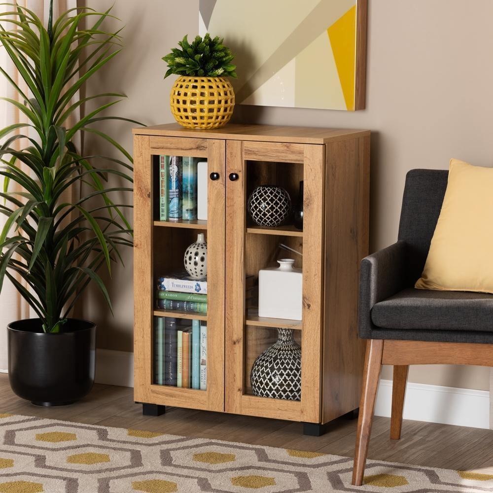Mason Modern and Contemporary Oak Brown Finished Wood 2-Door Storage Cabinet with Glass Doors FredCo