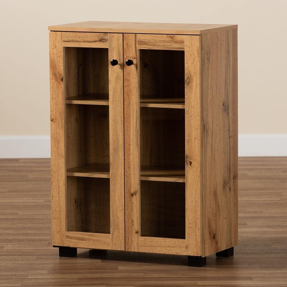Mason Modern and Contemporary Oak Brown Finished Wood 2-Door Storage Cabinet with Glass Doors FredCo