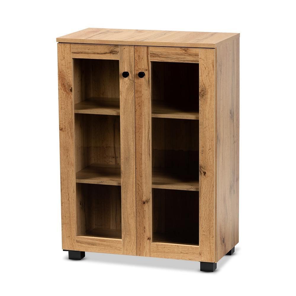 Mason Modern and Contemporary Oak Brown Finished Wood 2-Door Storage Cabinet with Glass Doors FredCo