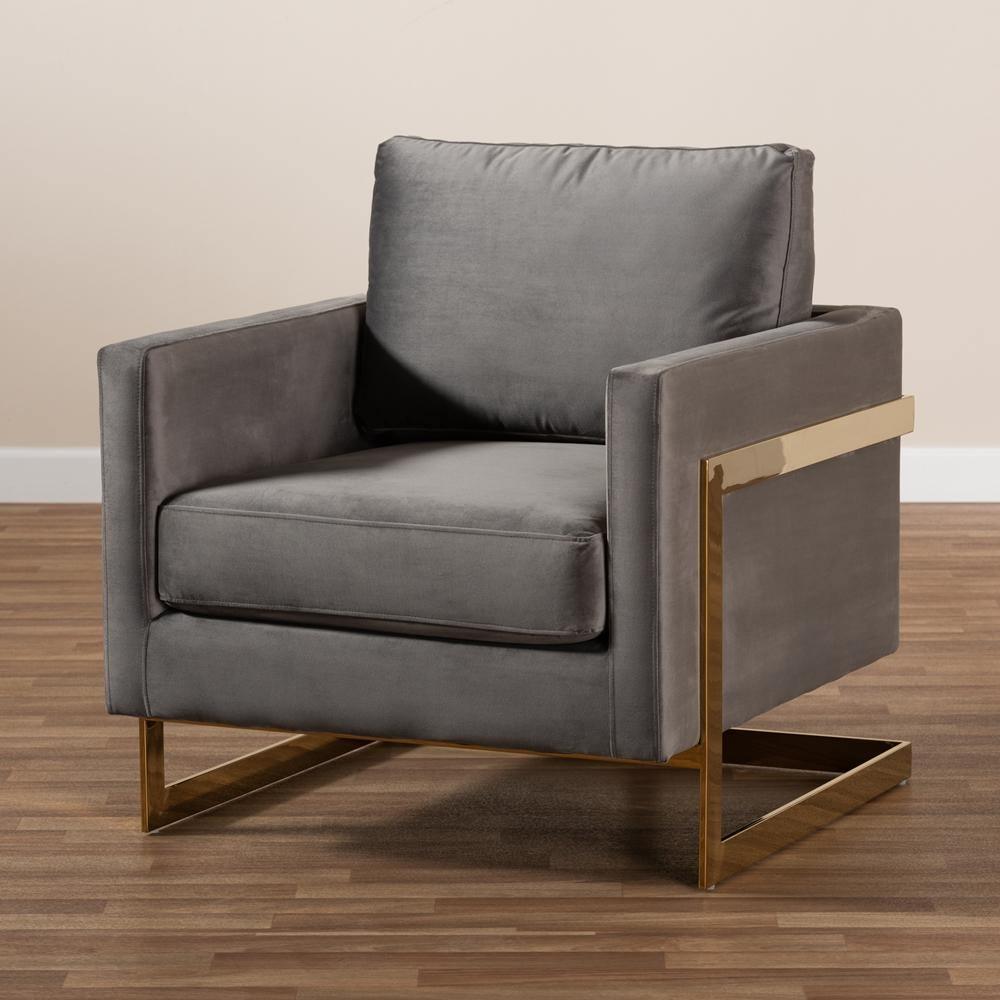 Matteo Glam and Luxe Grey Velvet Fabric Upholstered Gold Finished Armchair FredCo