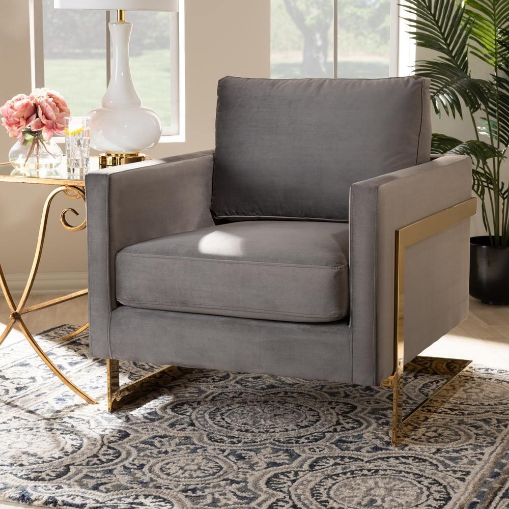 Matteo Glam and Luxe Grey Velvet Fabric Upholstered Gold Finished Armchair FredCo