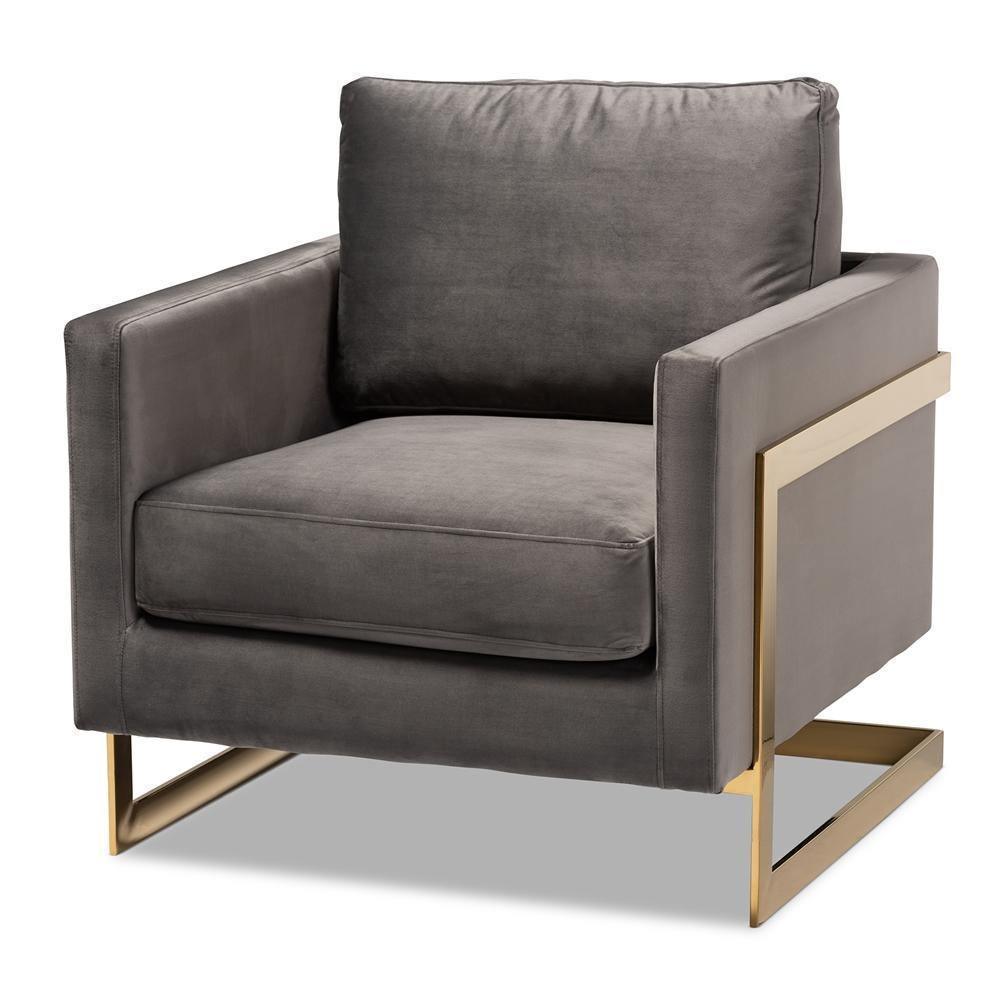 Matteo Glam and Luxe Grey Velvet Fabric Upholstered Gold Finished Armchair FredCo
