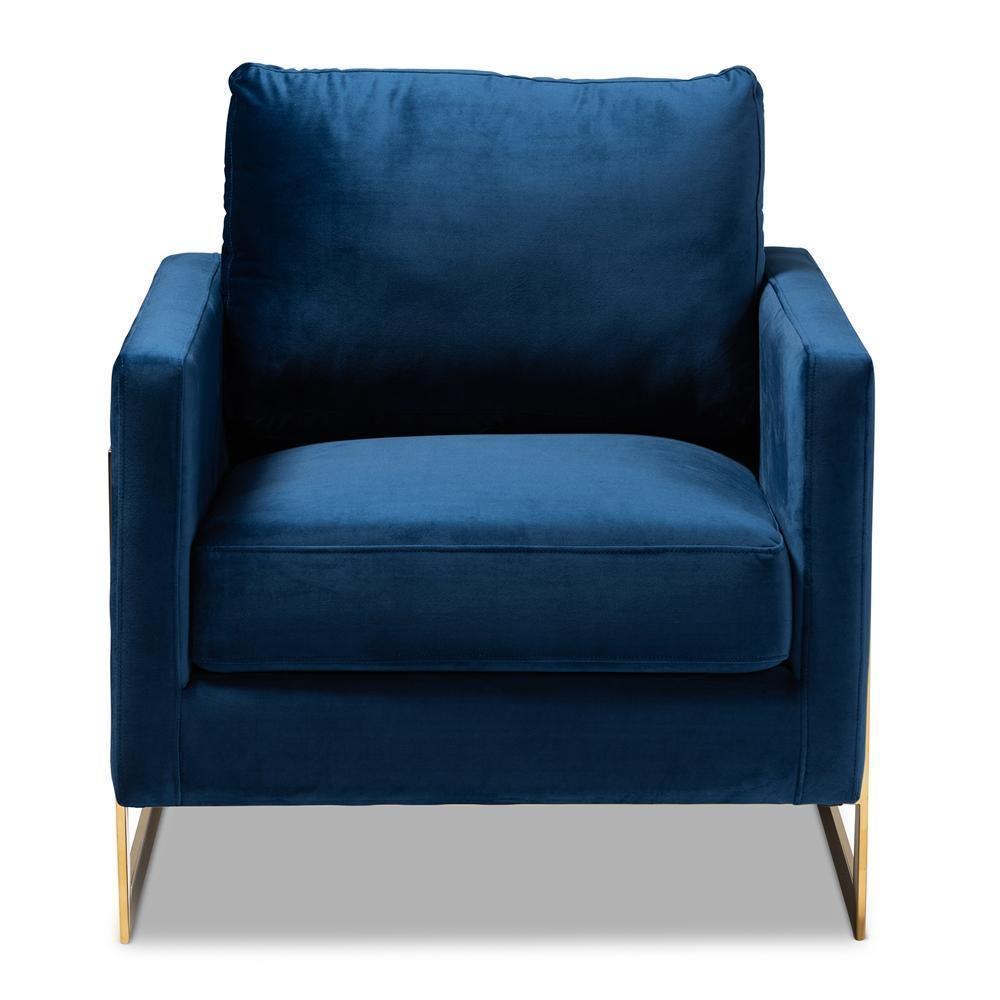 Matteo Glam and Luxe Navy Blue Velvet Fabric Upholstered Gold Finished Armchair FredCo