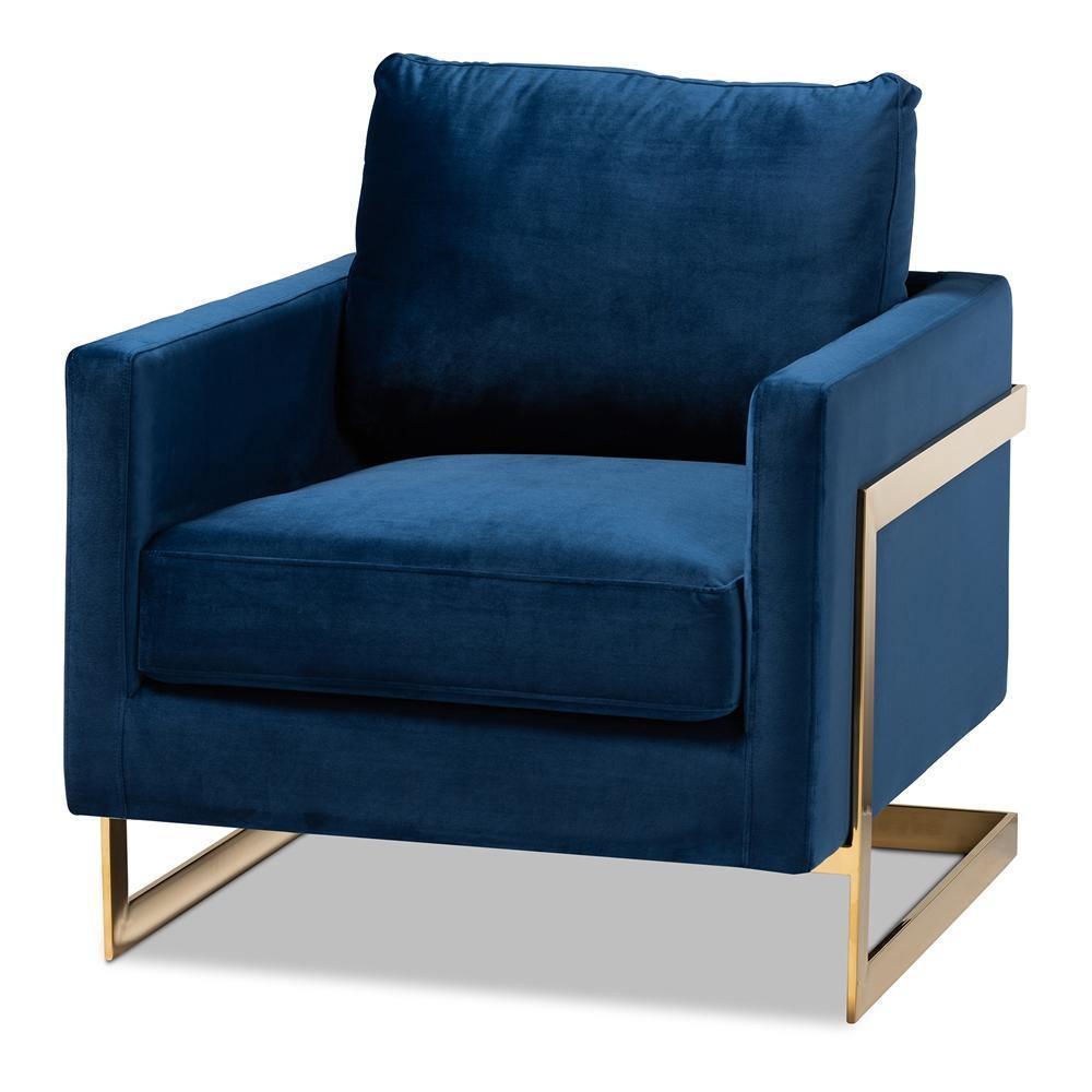 Matteo Glam and Luxe Navy Blue Velvet Fabric Upholstered Gold Finished Armchair FredCo