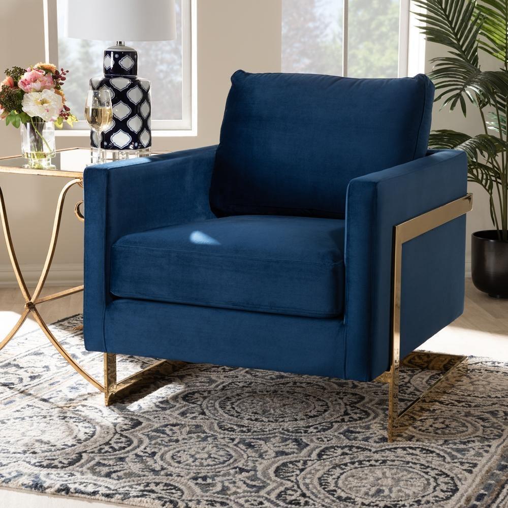 Matteo Glam and Luxe Navy Blue Velvet Fabric Upholstered Gold Finished Armchair FredCo