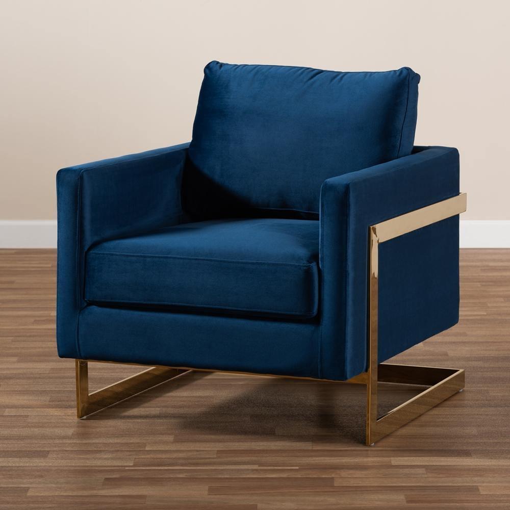 Matteo Glam and Luxe Navy Blue Velvet Fabric Upholstered Gold Finished Armchair FredCo