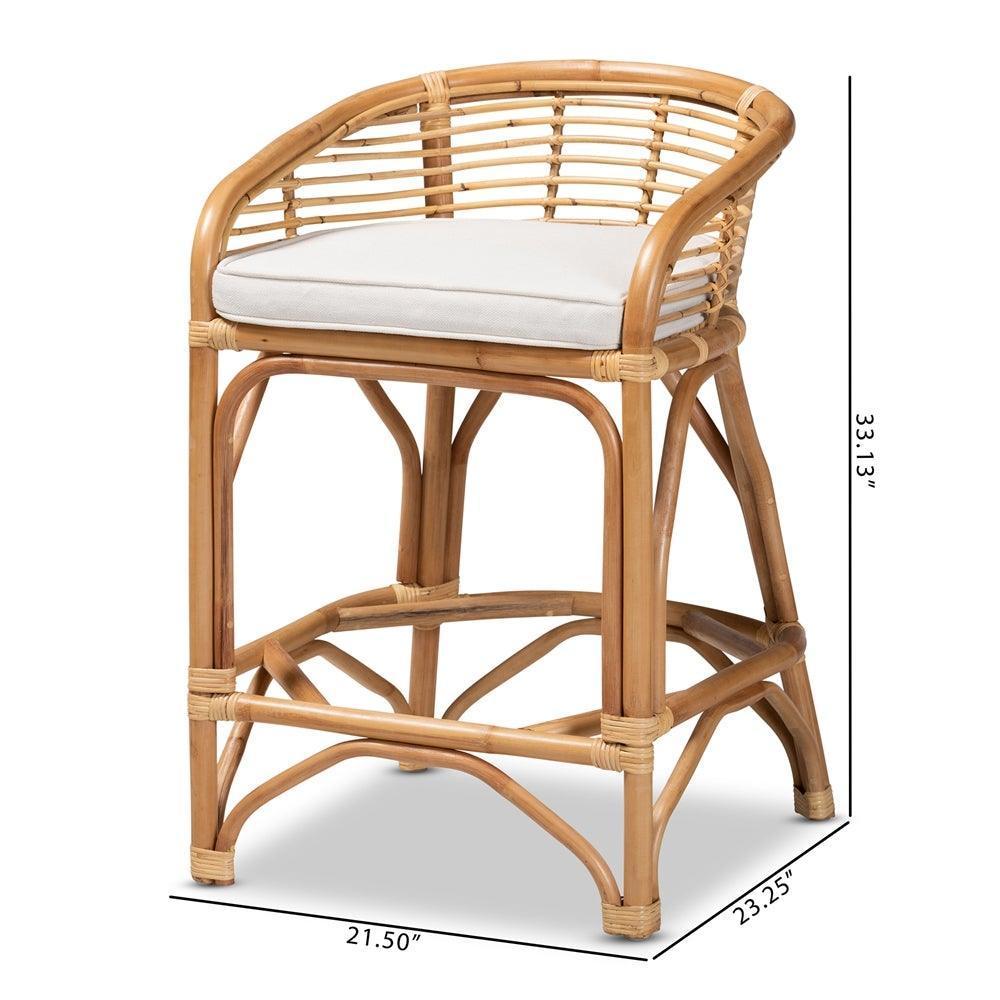 Maverick Modern Bohemian White Fabric Upholstered and Natural Brown Rattan Counter Stool FredCo