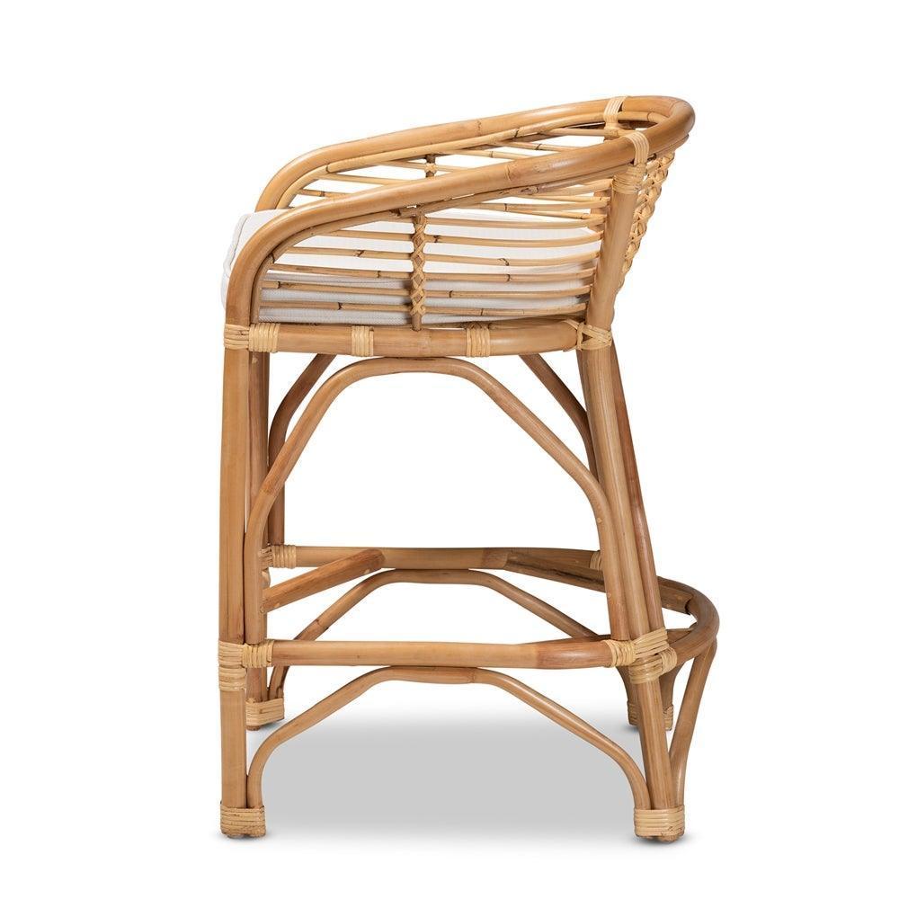 Maverick Modern Bohemian White Fabric Upholstered and Natural Brown Rattan Counter Stool FredCo