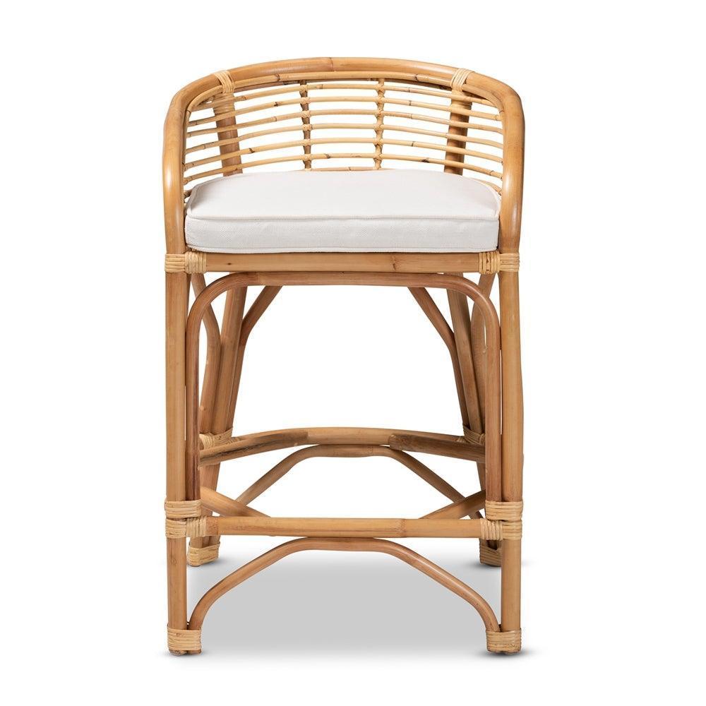 Maverick Modern Bohemian White Fabric Upholstered and Natural Brown Rattan Counter Stool FredCo