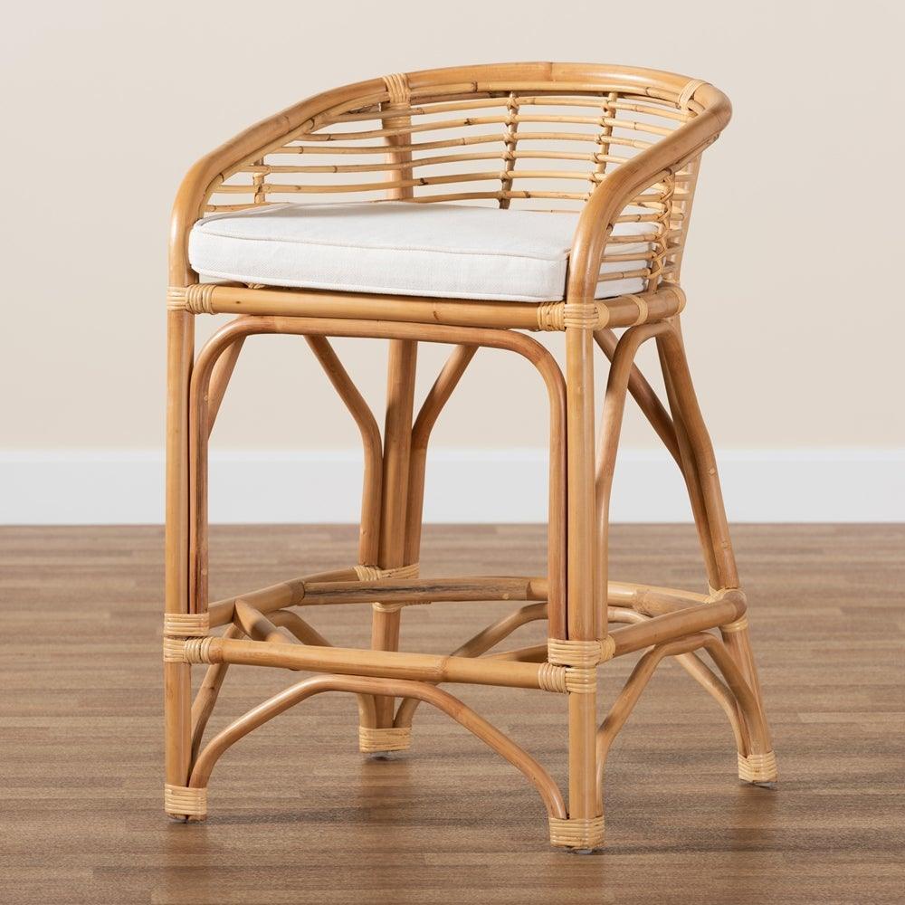 Maverick Modern Bohemian White Fabric Upholstered and Natural Brown Rattan Counter Stool FredCo