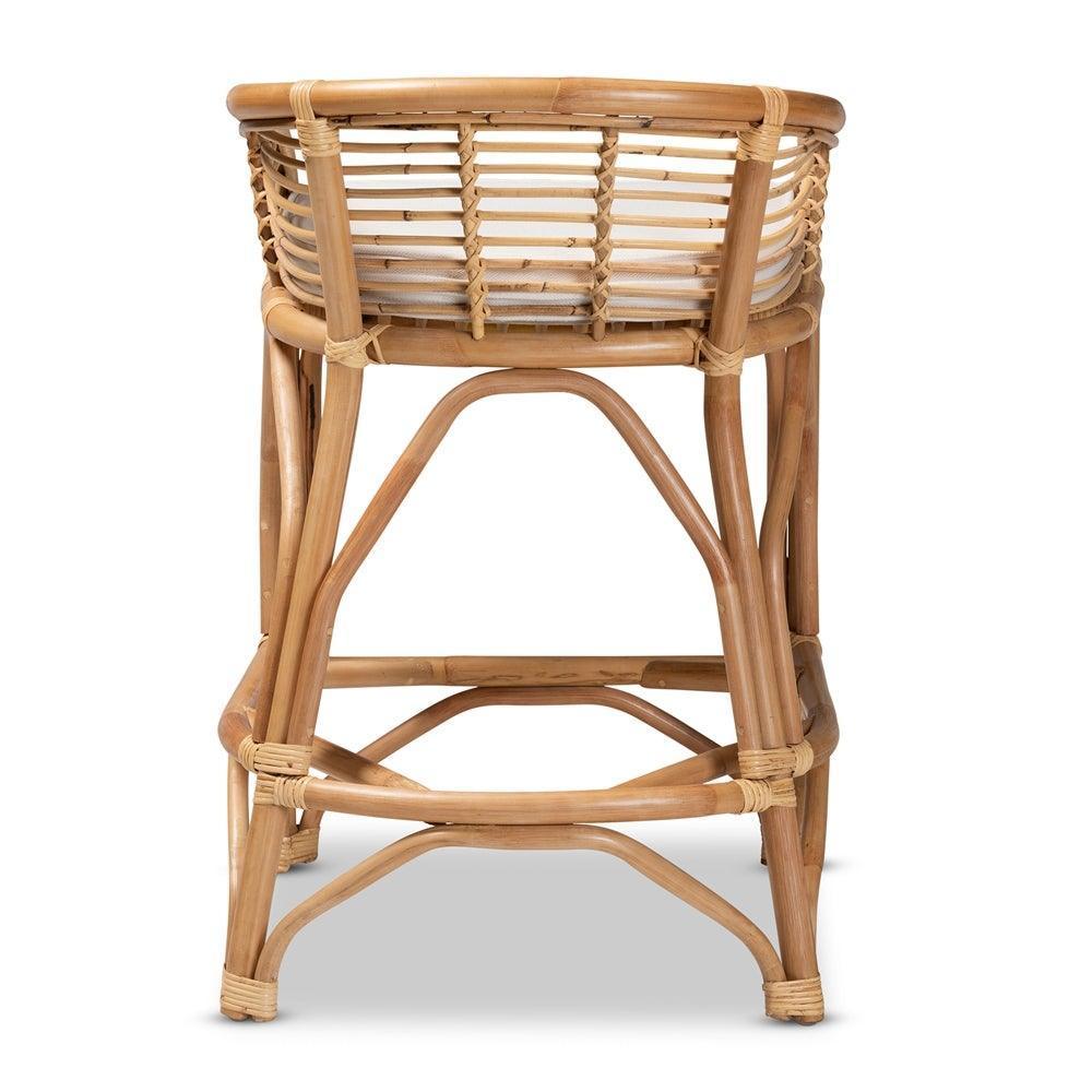 Maverick Modern Bohemian White Fabric Upholstered and Natural Brown Rattan Counter Stool FredCo